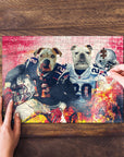 Personalized 2-pet puzzle featuring dogs in New England football uniforms, being assembled on a wood table.