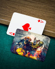 Personalized playing cards featuring two dogs in football uniforms, one Ace of Spades card.