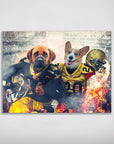 Personalized matte poster featuring two pets as New Orleans Saints football players in gold and black uniforms.