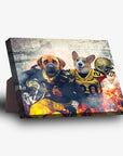 Personalized 2-pet standing canvas featuring dogs in New Orleans Saints football uniforms with a fiery background.
