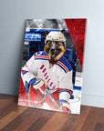 Personalized 'New York Doggers' pet canvas featuring a German Shepherd in a hockey uniform.