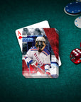 Personalized playing card featuring a German Shepherd dog in a hockey uniform on a green felt table.