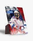Personalized standing canvas featuring a German Shepherd in a white, red, and blue hockey uniform with "DOGGERS" text.