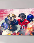 Personalized canvas of two dogs in New York Giants football uniforms, holding blue helmets.