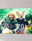 Personalized canvas featuring a Golden Retriever and French Bulldog in New York Jet-Doggos football uniforms.