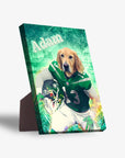 Personalized New York Jet-Doggos standing canvas featuring a golden retriever in a green football uniform.