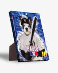 Personalized pet standing canvas featuring a French Bulldog in a New York Yankers baseball uniform with "PAULO" on the jersey.