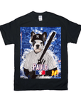 Black Gildan t-shirt featuring a personalized French Bulldog in a pinstripe baseball uniform, Yankees hat, and bat.
