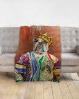 Custom personalized pet blanket featuring a bulldog in a colorful renaissance-style royal portrait.
