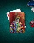 Personalized playing cards featuring a bulldog in a crown and colorful outfit on a green poker table.