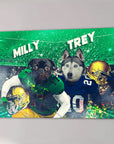 Personalized canvas featuring a pug and husky in football uniforms on a green stadium background.