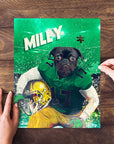 Personalized pet puzzle featuring a black pug in a green football uniform, with the name "Miley.
