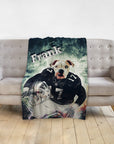 Personalized pet blanket with a bulldog's head on a football player's body, named "Frank.