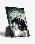 Personalized pet standing canvas featuring a dog in a black football uniform with "Frank" at the top.