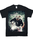 Black Gildan t-shirt featuring a personalized graphic of a pit bull in a football uniform with "Frank" above.