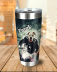 Personalized stainless steel tumbler with a custom dog portrait in a football uniform, named "Frank.
