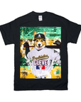 Black Gildan t-shirt with a personalized Corgi baseball player graphic, wearing a white "Pawthletics Cleve" jersey.