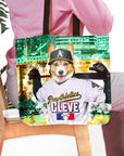 Personalized Oakland Pawthletics tote bag with a custom corgi pet portrait in a baseball uniform.