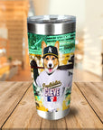 Personalized stainless steel tumbler with a corgi pet portrait in a baseball uniform.
