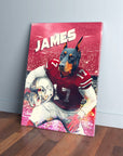 Personalized Ohio State Doggos canvas featuring a Doberman in a red football uniform with "JAMES" above.