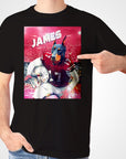 Black Gildan t-shirt with a personalized graphic of a Doberman dog in a red football uniform, holding a helmet, with "JAMES" above.