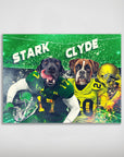 Personalized 'Oregon Doggos' poster featuring two pets as football players in green and yellow jerseys.