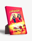 Paw Watch 1991 personalized standing canvas featuring two pets as lifeguards in red, with a sunset beach scene.