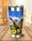 Personalized stainless steel tumbler with a dog's head on a dinosaur body in a prehistoric landscape.