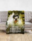Personalized "Pawblo Escobar" pet portrait blanket featuring a bulldog in a mugshot style.