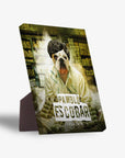 Personalized "Pawblo Escobar" pet portrait on a standing canvas, featuring a bulldog in a white shirt.