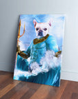 Personalized 'Pawseidon' pet canvas featuring a French Bulldog as a blue-armored god holding a golden trident.