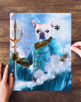 Personalized 'Pawseidon' pet puzzle featuring a French Bulldog as a royal sea god with a trident.