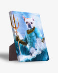 Personalized "Pawseidon" pet standing canvas featuring a French Bulldog as Aquaman with a trident, amidst blue waves and lightning.