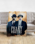 Custom personalized blanket with two dogs in "Peaky Woofers" renaissance-style portraits.