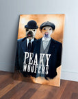 Custom canvas featuring two pets dressed as "Peaky Woofers" characters, leaning against a wall.
