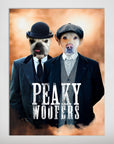 Custom "Peaky Woofers" poster featuring two pets in vintage suits and hats against an orange sky.