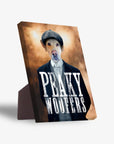 Personalized "Peaky Woofers" pet standing canvas featuring a dog in a flat cap and suit, with a sturdy back stand.