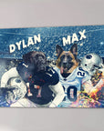 Custom Penn State Doggos canvas featuring two pets in football uniforms with names "Dylan" and "Max.
