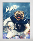 Personalized Penn State Doggos poster featuring a pug in a navy football uniform with a helmet, named "MIKE.