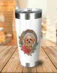 Personalized white stainless steel tumbler with a custom dog portrait in a Christmas wreath design.