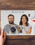 Custom modern cartoon portrait puzzle of a couple with a pug and a labrador, with a hand placing a piece.