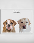 Personalized modern matte poster featuring custom art of a brown bulldog and a yellow lab, with "CARL & JAX" text.