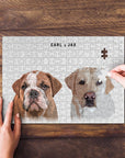 Personalized modern 2 pet puzzle featuring custom portraits of a bulldog and a labrador, with names "CARL & JAX".