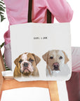 Personalized modern 2 pet tote bag with custom watercolor portraits of a bulldog and a labrador.