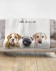 Personalized modern pet portrait blanket with a bulldog, pug, and golden retriever, named Carl, Ollie & Jax.