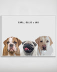 Personalized modern 3 pet poster featuring a bulldog, pug, and labrador with names "Carl, Ollie & Jax" on a white matte background.