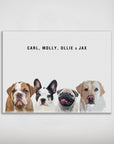 Personalized modern matte poster featuring four custom pet portraits (bulldog, French bulldog, pug, labrador) and names.