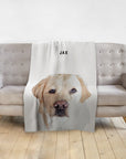 Personalized white minky blanket with a custom watercolor portrait of a yellow labrador dog and "JAX" text.