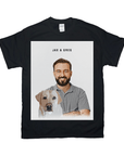 Black Gildan t-shirt with a personalized graphic of a smiling man and a golden retriever, "JAX & GREG" text.