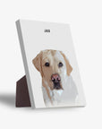 Personalized modern pet standing canvas featuring a cream Labrador portrait and "JAX" in black text.
